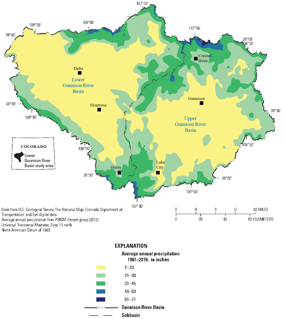 Average annual precipitation for the period 1981–2010 in the Gunnison River Basin,
Colorado. Average annual precipitation is highest in high-elevation areas.