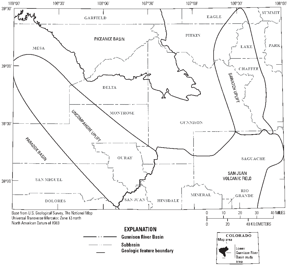 Major structural features near the Gunnison River Basin, Colorado, including the Uncompahgre
and Sawatch Uplifts and the Piceance basin.