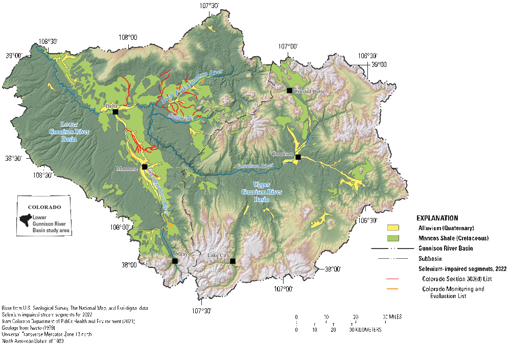 Surficial extent of Cretaceous Mancos Shale, Quaternary alluvial deposits, and selenium-impaired
stream segments in the Gunnison River Basin, Colorado.