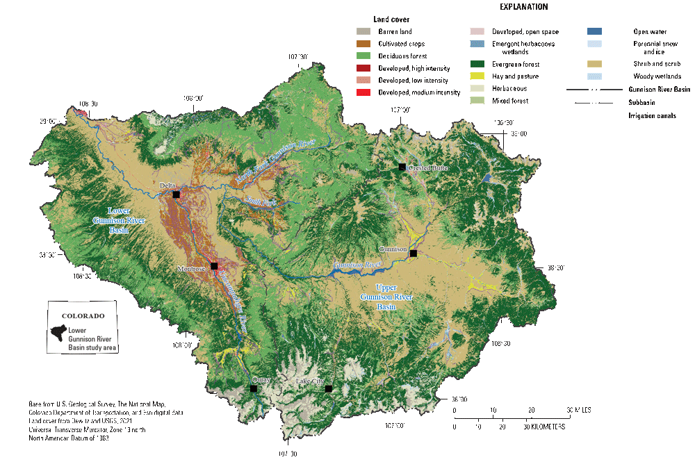 Land use and irrigation canals in the Gunnison River Basin, Colorado. Irrigated area
is concentrated in the lower parts of the Gunnison and Uncompahgre River Basins.
