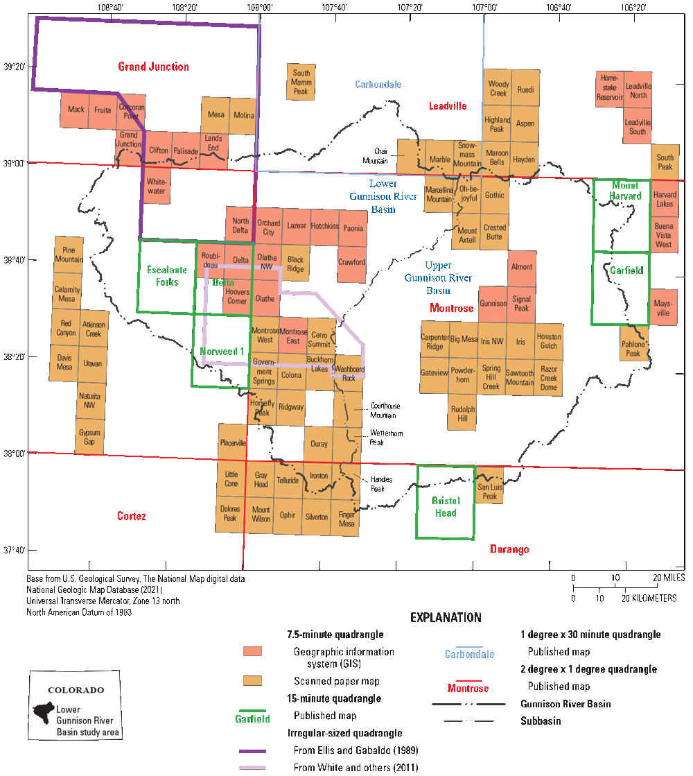 Status of geologic mapping for quadrangles and in the lower Gunnison River Basin,
Colorado, 2021.