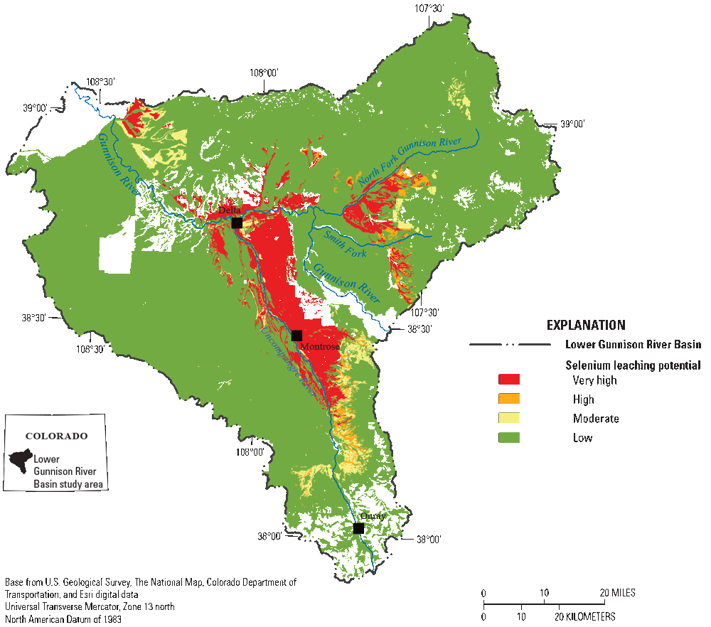Selenium leaching potential for soils in the lower Gunnison River Basin, Colorado.
The areas with the highest selenium leaching potential are generally to the east of
the Uncompahgre River.