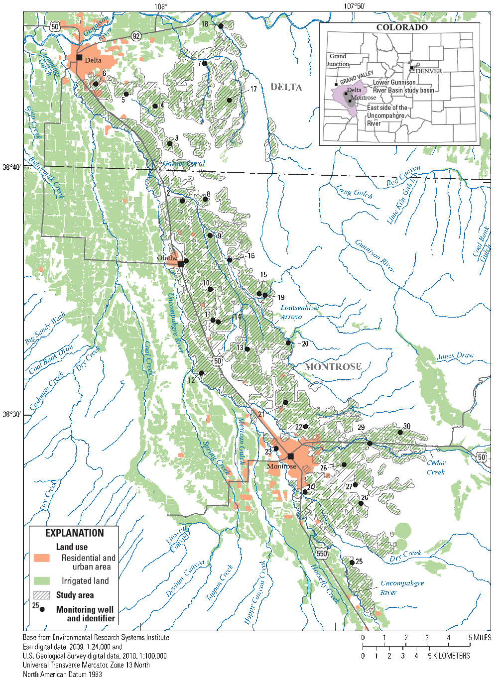 Locations of wells in the 30-well groundwater-monitoring network on the east side
of the Uncompahgre River.