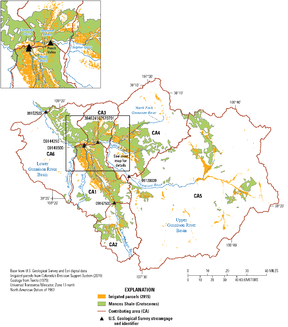 Contributing areas used for calculating loads and trends for the lower Gunnison River
Basin.
