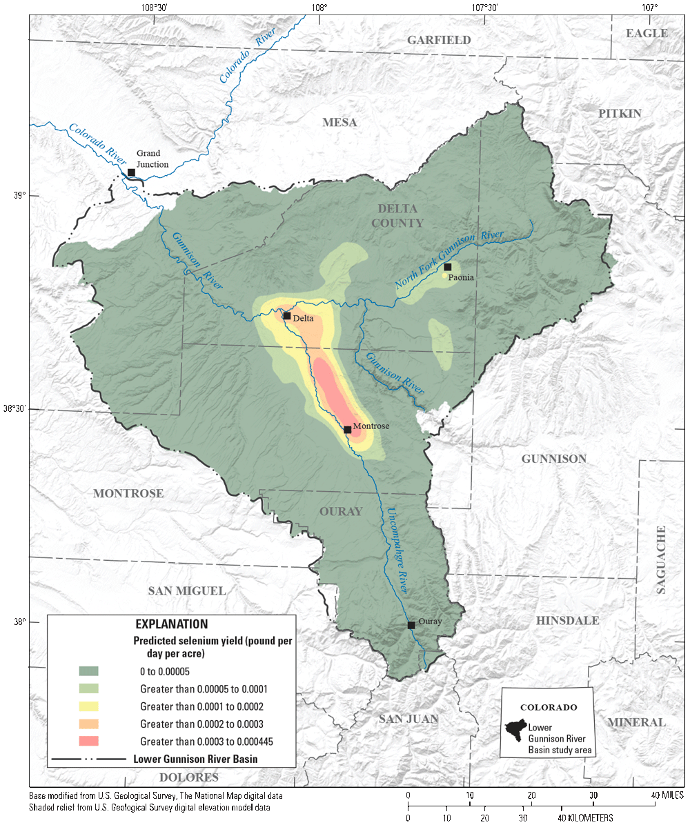 Predicted dissolved selenium yield for the lower Gunnison River Basin. The areas with
highest predicted yield are to the east of the Uncompahgre River.