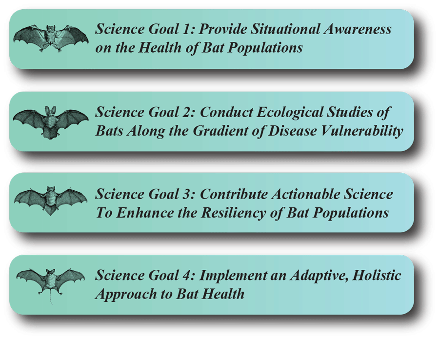 The four science goals are listed beside illustrations of four bat species.
