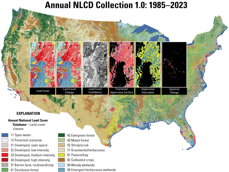 Figure 4 alt text. Map of the United States with colors added to show different topological
                        and other land features.