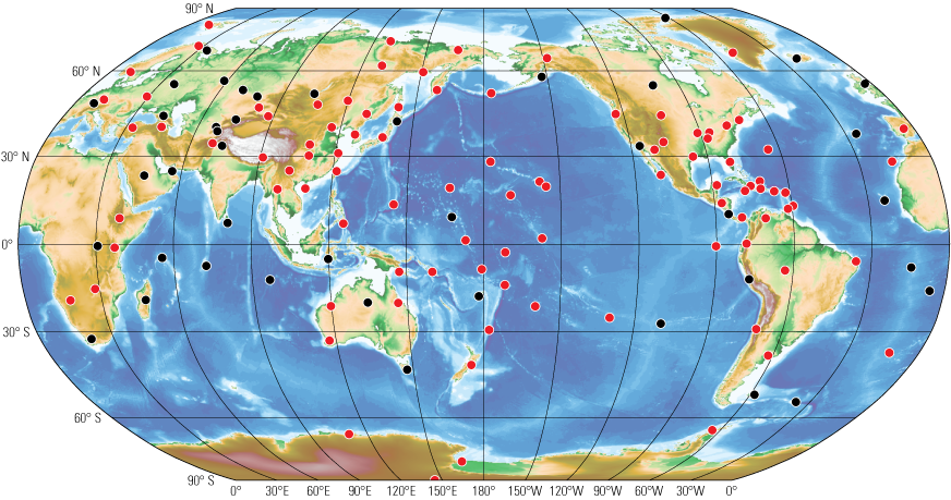 Figure 3 alt text. Different kinds of stations throughout the Global Seismographic
Network are plotted on a map.