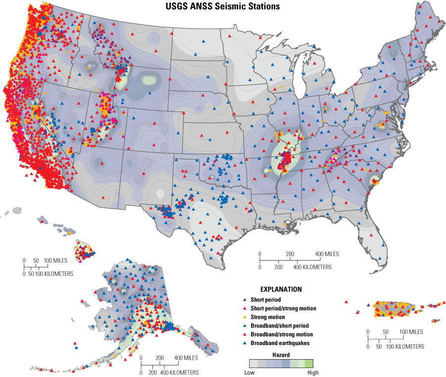 Figure 4 alt text. Map of the United States with symbols and colors indicating station
locations and kind of instruments at the stations.