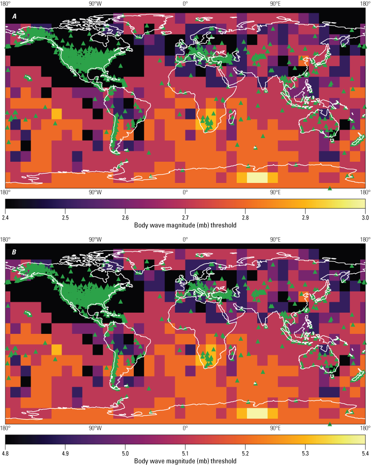 Figure 7 alt text. World maps with colors and symbols indicating stations used by
the National Earthquake Information Center and the range of minimum detection thresholds.