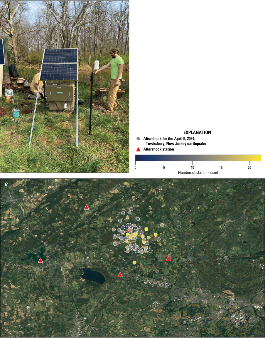 Figure 10 alt text. Two technicians are outdoors in a forest surrounded by equipment,
and symbols on a topographic map show the locations of stations and aftershocks.