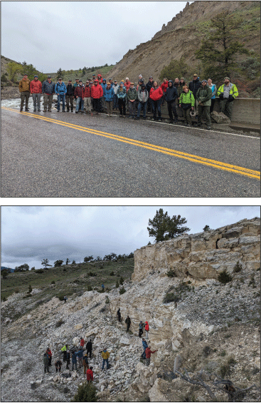 2. A group of people gathered along a roadside surrounded by rocky slopes with sparse
vegetation. The same group of people scattered across an outcrop of rocks.