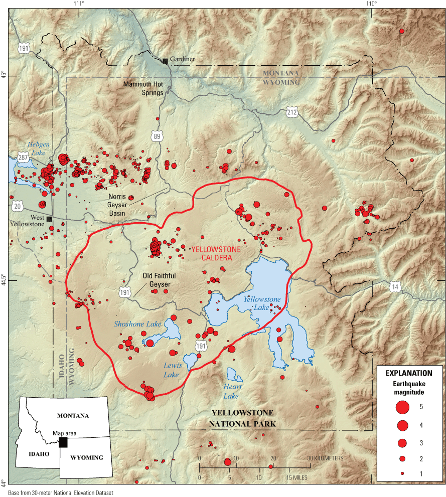 5. Earthquakes of various magnitudes are scattered across the region with occasional
isolated clusters. Greatest concentration of earthquakes is in an east-west band from
Hebgen Lake to the north-central part of Yellowstone National Park.