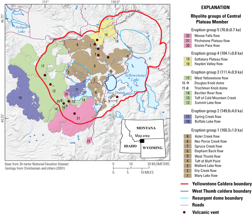 14. Rhyolite lava flows are clustered by age groupings. The youngest lava flows are
in the southern part of the caldera, and the oldest are in the center. Intermediate-aged
lava flows are to the west and north.