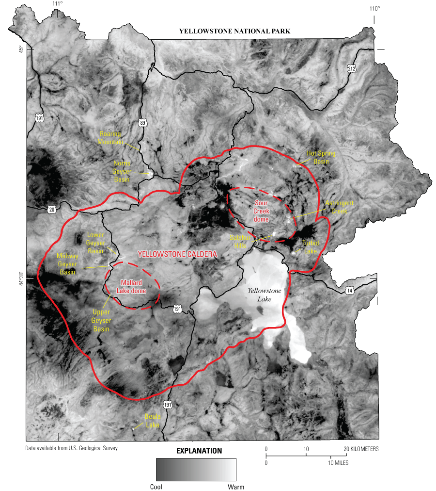 17. Areas of the park with rivers and valleys tend to be dark, while more mountainous
areas are lighter. Geyser basins are bright to white.