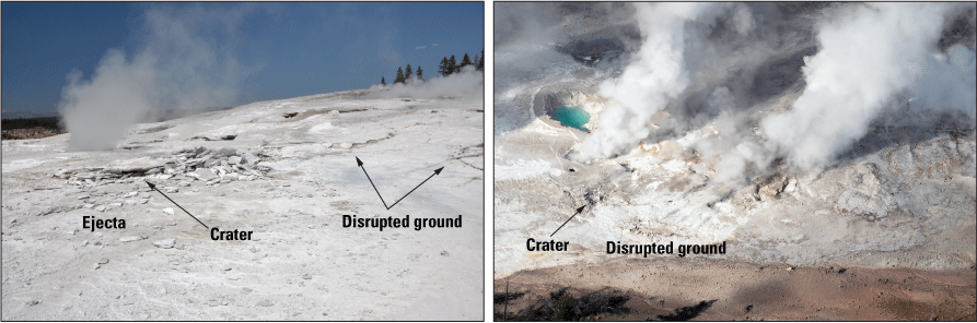 19. Steam rising from a white, rocky and muddy hillside under a blue sky, and steam
rising in multiple locations with a blue pool on the left.