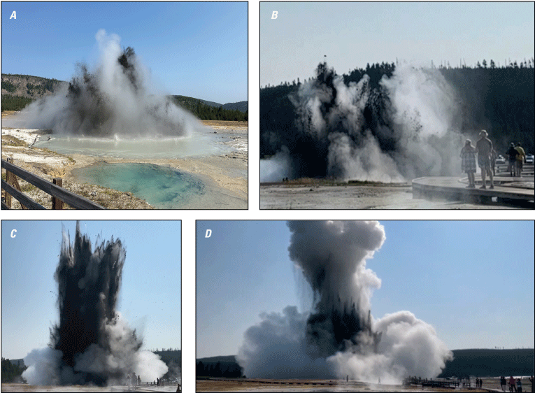 23. An explosion of steam and mud from a thermal pool close to a wooden boardwalk.