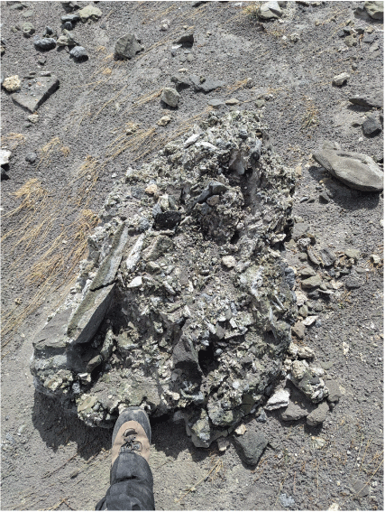 26. A person’s boot next to a broken boulder.