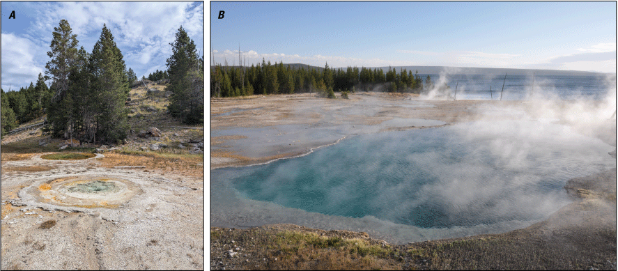 29. A small pool of water with a forested hill in the background under a partly cloudy
sky. A set of thermal pools steaming with trees, a lake, and mountains in the background.