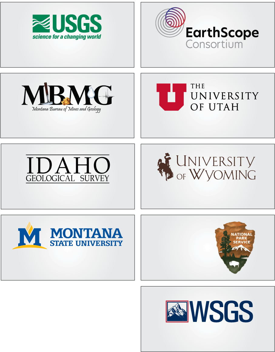 02. Logos of Montana State University, U.S. Geological Survey, University of Utah,
National Park Service, University of Wyoming, Montana Bureau of Mines and Geology,
Idaho Geological Survey, EarthScope Consortium, and Wyoming State Geological Survey.
