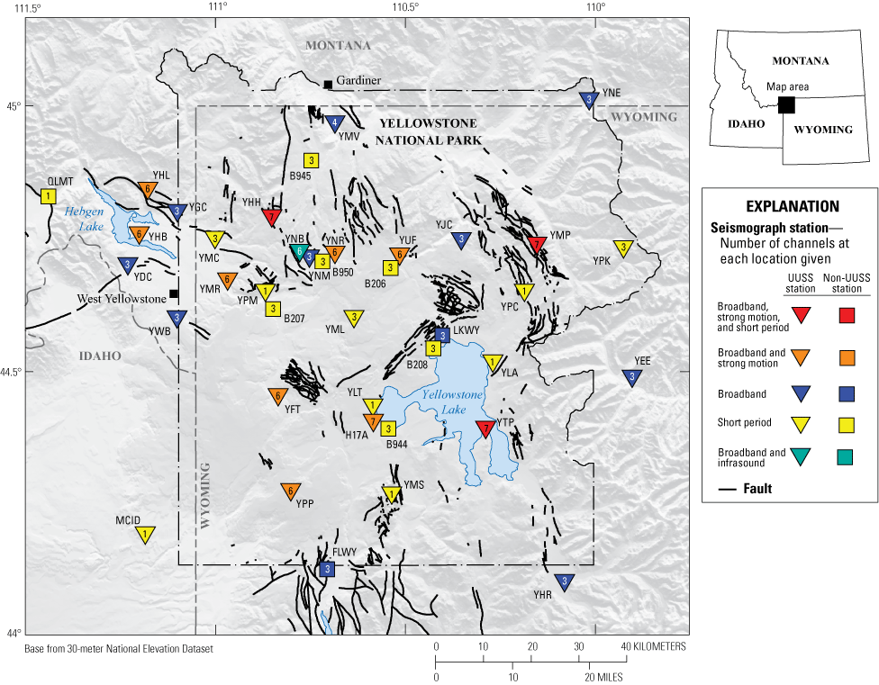 03a. Seismic stations are spread across the Yellowstone region, but with concentrations
in the area between Hebgen Lake and the norther park of Yellowstone National Park,
and around Yellowstone Lake.