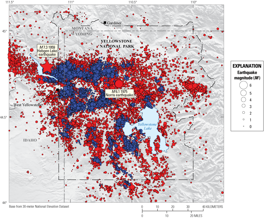 03b. Individual earthquakes and earthquake swarms occur throughout the region, with
especially dense concentrations of events in the east-west area between Hebgen Lake
and the north-central part of Yellowstone National Park, an east-west band to the
south of that, and smaller north-south bands.