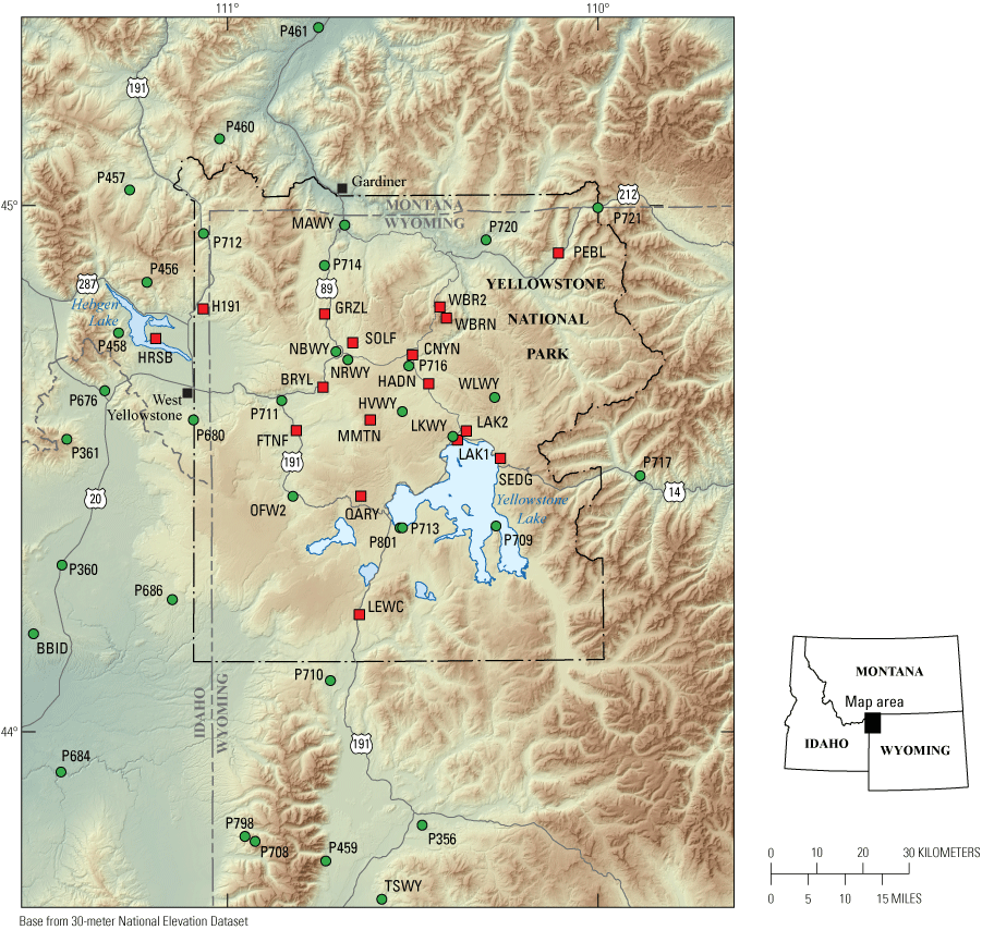 04b. GPS stations are scattered throughout the Yellowstone region, mostly near roads.
Inset photograph is barren ground with a GPS antenna secured to the ground via metal
rods and a solar panel to the side. Trees in the distance under a partly cloudy sky.