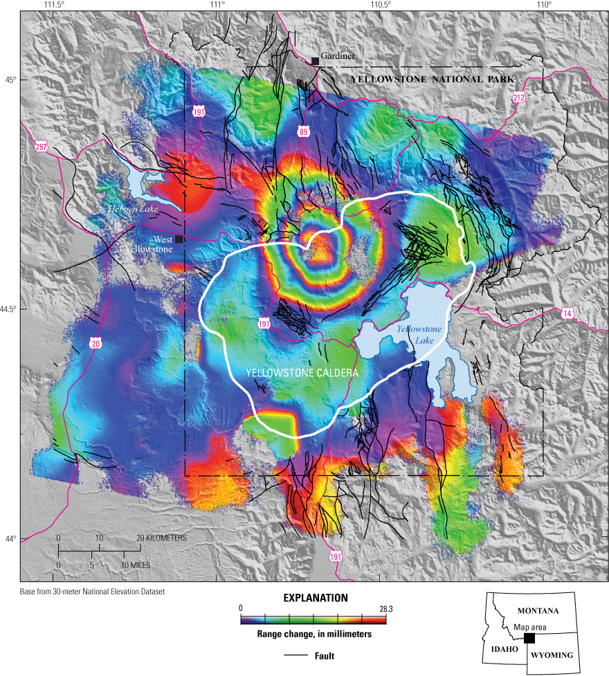 04c. Bulls-eye pattern with multiple cycles of colored fringes on the north caldera
rim. Random colors spread throughout the rest of the region.