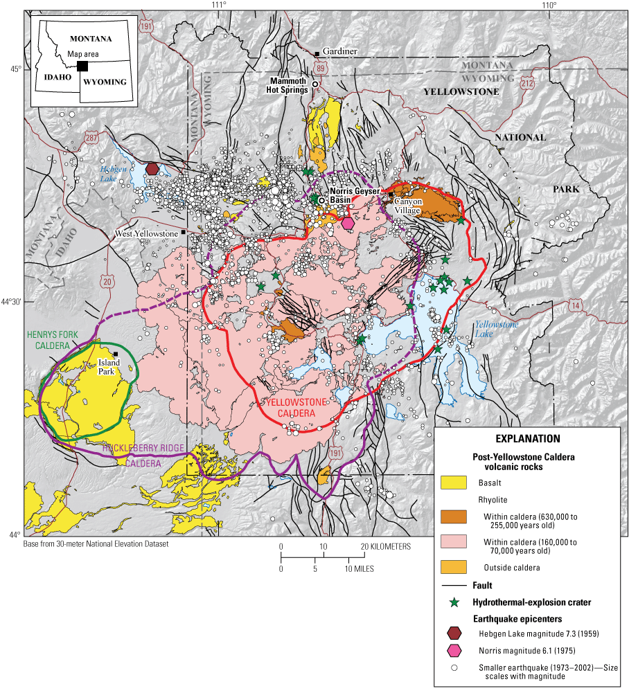 06a. Yellowstone Caldera is at the center of Yellowstone National Park. It is encompassed
by Huckleberry Ridge Caldera which extends to the southwest, where it also encompasses
Henrys Fork Caldera. Rhyolite is present within Yellowstone Caldera, and basalt within
Henrys Fork Caldera. Faults run roughly north-south throughout the region.