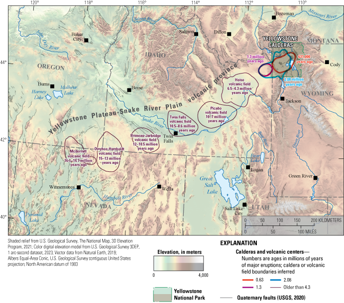 06b. Calderas become progressively older to the southwest with distance from Yellowstone
Caldera. The highest topography is in the Yellowstone region and to the north of the
eastern Snake River Plain.