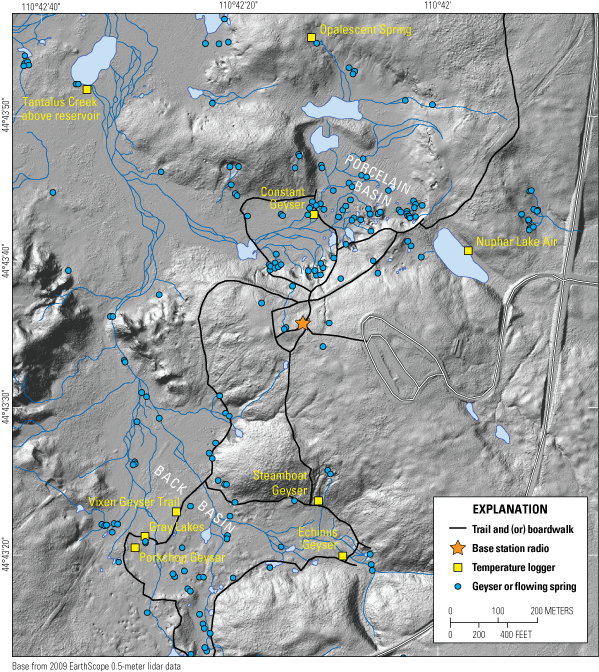 07a. Thermal features are concentrated in Porcelain Basin and Back Basin. Five temperature
loggers are in Back Basin, one is in Porcelain Basin, and three are in the area surrounding
Porcelain Basin.