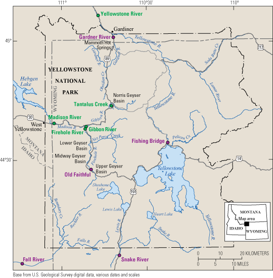 07b. Monitoring sites are present at the confluences of major river systems, where
major rivers leave Yellowstone National Park, and at the outlet of Yellowstone Lake.