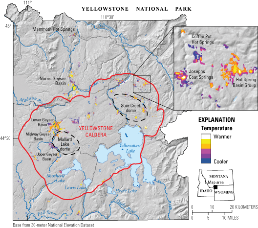 07c. Most thermal areas are within Yellowstone Caldera, especially the western and
eastern sides, and also to the north of the caldera up to Norris Geyser Basin.