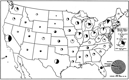 map of the U.S. showing ground water and 
surface water use for municipal supply in 1950 as 2-section pie charts for each state