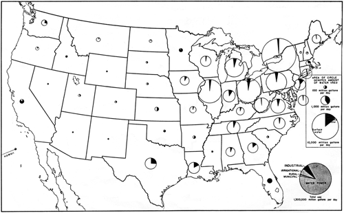 map of the U.S. showing ground water and 
surface water use for industrial supply in 1950 as 2-section pie charts for each state