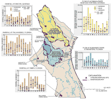 Map and rainfall graphs for Macon, Tallahassee, Tampa, Doctortown, and
  Branford