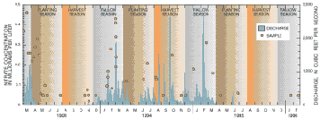 Hydrograph and nitrate concentrations for the Little River, 1993-96