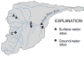 Map of surface-water and ground-water sites A, B, C, and D