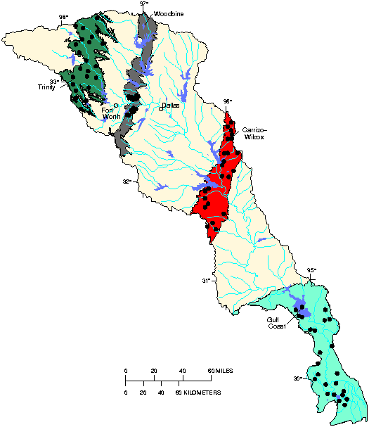 Map showing sampling sites in outcrops of aquifers in the Trinity River Basin.