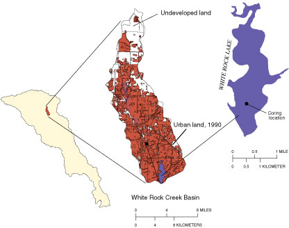 Map showing White Rock Creek Basin and coring location.