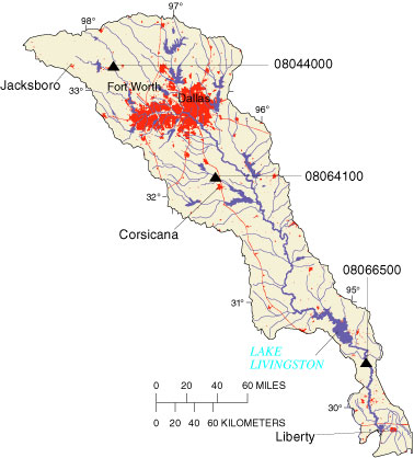 Map showing precipitation sites and streamflow-gaging stations in the Trinity River Basin.