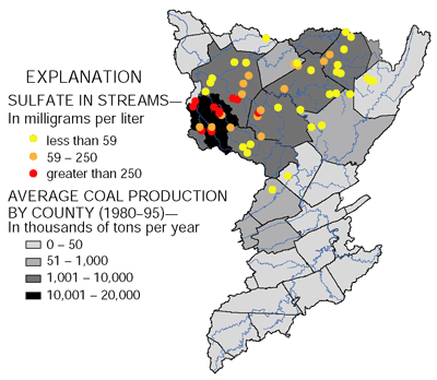 Figure 5. Sulfate concentration in wadeable streams was highest in counties with the highest coal production.