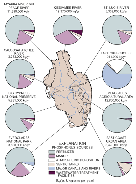 Figure 6. Estimated phosphorus loading from point and nonpoint sources in surface-water basins in southern Florida (Haag and others, 1996).