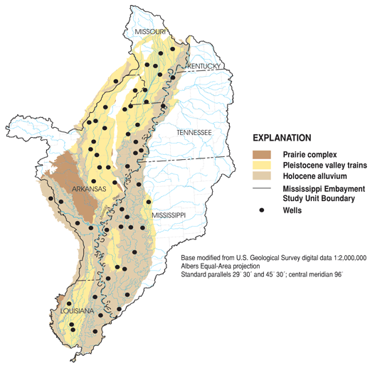 Figure 7. The colored part of this map depicts the areal extent of the three main geologic subunits of the alluvial aquifer and the location of the 54 wells that were sampled as part of this study. Statistically significant differences exist in the nutrient, carbon, and metal chemistry of the water sampled in wells located in the Pleistocene valley trains as compared to the Holocene alluvium, demonstrating the effect of geology on other components of the environment.