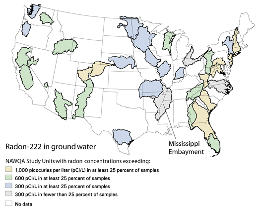 Map showing the United States Mississippi location, Radon 222 in ground water.