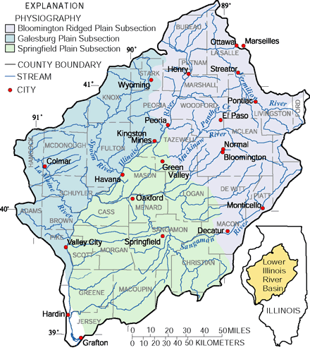 The lower Illinois River Basin occupies approximately 18,000 square miles in central and west-central Illinois. The basin lies almost entirely within the Till Plains physiographic section. The glacial materials account for the flat prairie landscape and the thick, rich soils. The three physiographic subsections influence water quality indirectly by influencing the type and intensity of agricultural activities.