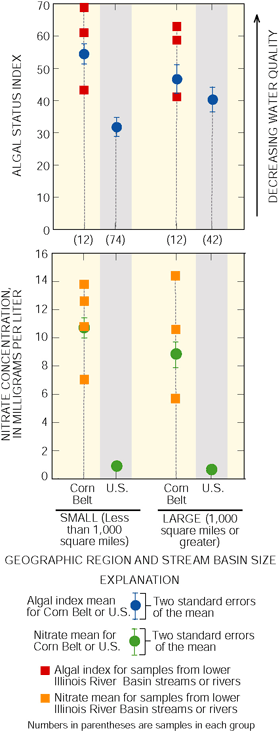 Algal status index values and nitrate concentrations for the lower Illinois River Basin, and for Study Units in the Corn Belt, are higher than mean values for Study Units in the Nation.