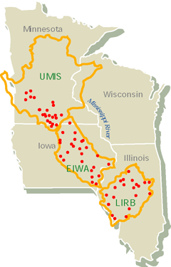 The influence of riparian buffer zones on the quality of 70 midwestern streams and rivers was evaluated in the Upper Mississippi River (UMIS), Eastern Iowa (EIWA), and lower Illinois River Basins (LIRB).