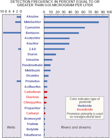 Figure 13. Many commonly applied pesticides were frequently detected in streams and rivers in the lower Illinois River Basin. Detections in ground water were far fewer, and some of the pesticides frequently detected in surface water (such as cyanazine, acetochlor, and alachlor) were not detected in shallow ground water at or above the common reporting level of 0.05 micrograms per liter.