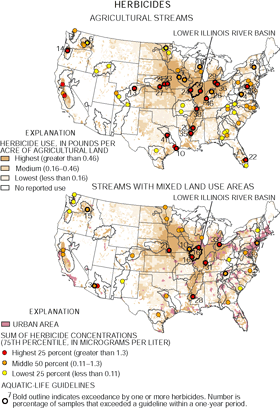 Map showing the United States herbicides for agricultural streams and streams with mixed land use area.